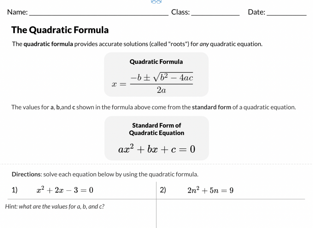 The Quadratic Formula Review Explanation And Examples Albert Resources