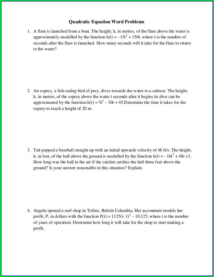 Word Problems Involving Quadratic Equations Worksheet Worksheet 